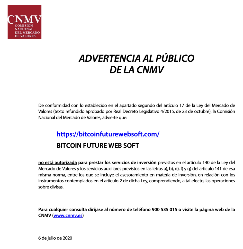 Bitcoin Future CNMV advertencia